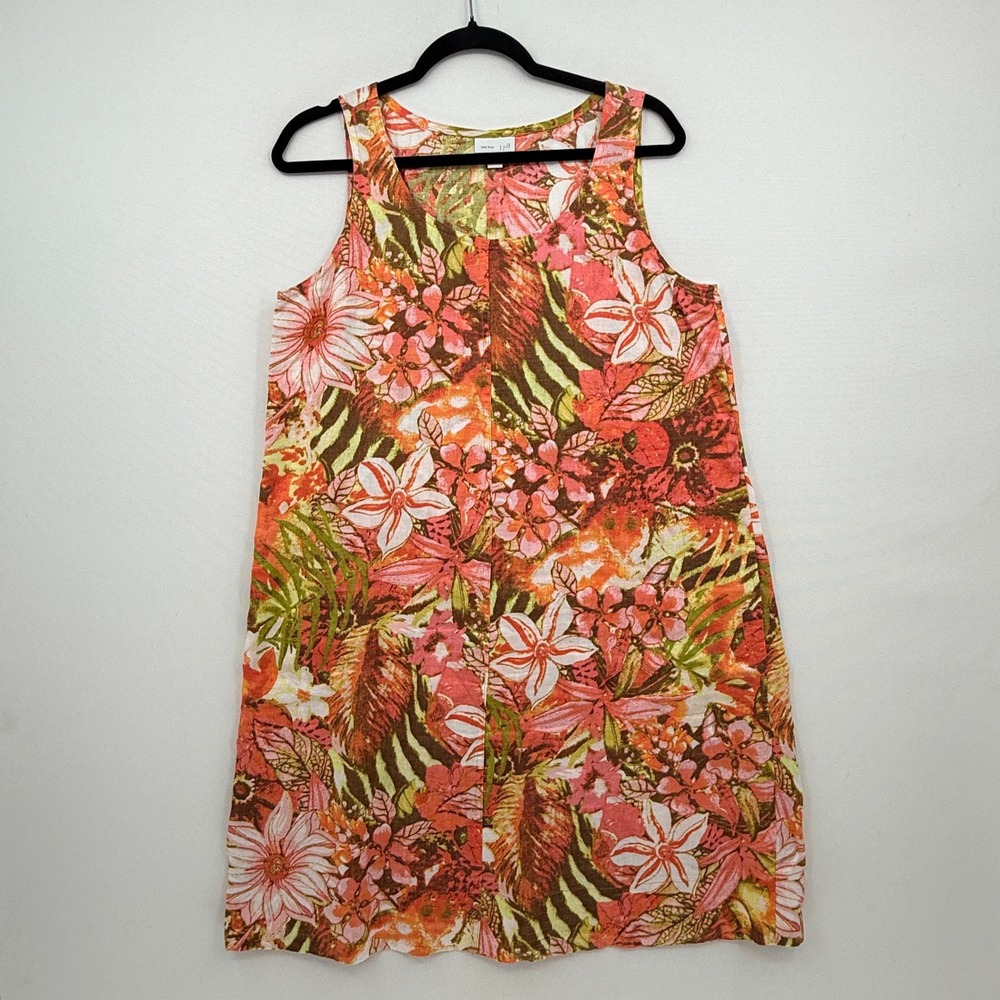 J. Jill Love Linen Shift Dress Womens Medium Orange Pink Tropical Floral Boho